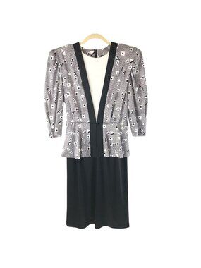 Jenny Petites Peplum Dress Vtg 80s Black Geometric 3/4 Sleeve Shoulder Pads 8
